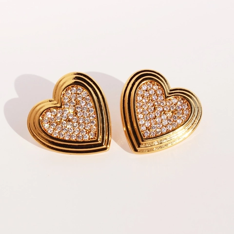 Vintage Gold Plated Brass Heart Stud Earrings With Micro Pave Zircon And 925 Sterling Silver Earring Post For Women