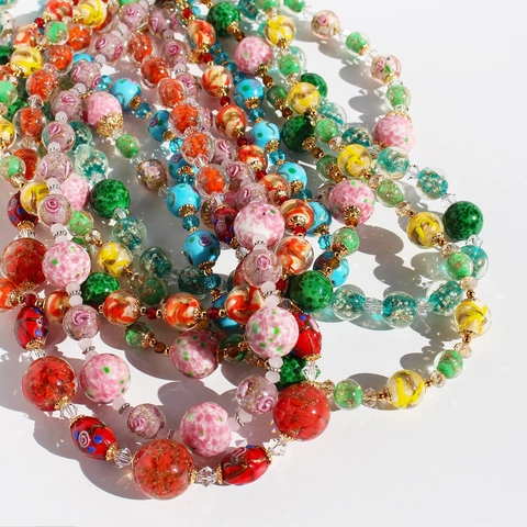 Vintage Handmade Lampwork Beaded Necklace For Women Brass Plated Gold Colorful Glass Crystal Stone Ethnic Bohemian Style Jewelry Gift