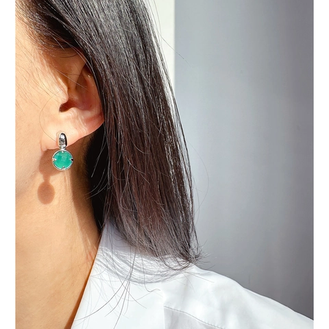 Set di Gioielli in Ottone Vintage con Zirconia Verde Orecchini a Bottone Circolari con Perno in Argento 925 e Anello Aperto Donna