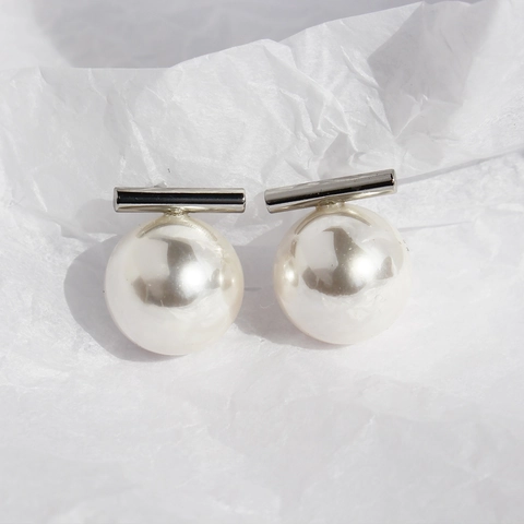 Pendientes De Perla Artificial Minimalistas Barra Horizontal Latón Chapado En Oro Con 925 Sterling Silver Earring Post Elegante