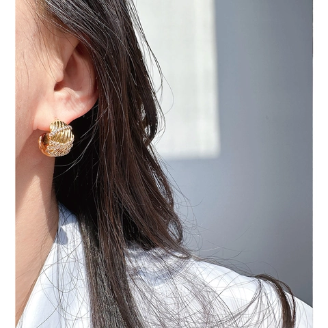 Wavy Texture C Shape Hoop Earrings Brass Real Gold Plated Zircon Inlay With 925 Sterling Silver Earring Post Vintage