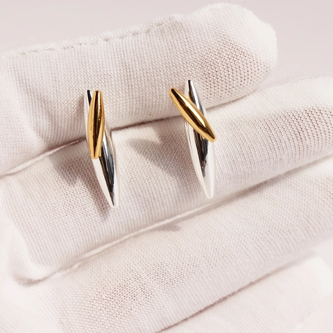 Orecchini A Lobo A Fuso Geometrici Contrasto Bicolore Ottone Con Perno In Argento Sterling 925 Stile Punk Unisex