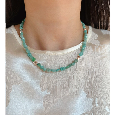 Collana di Perline in Amazonite Naturale e Quarzo Fragola Fatta a Mano in Ottone Placcato Oro Gioielli Bohemian Girocollo da Donna