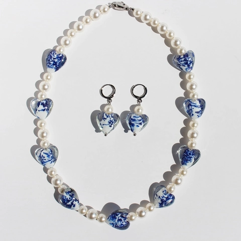 Heart Necklace And Earrings Jewelry Blue White Porcelain Pattern Glass Lampwork Artificial Pearls Retro Chinese Style Women