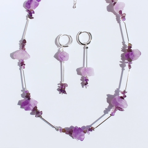 Natural Amethyst Unregelmäßige Rohstein Perlenkette Ohrringe Messing Geometrischer Minimalistischer Schmuck Damen