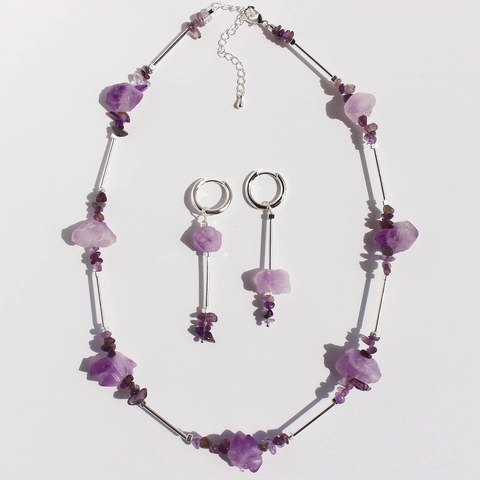 Natural Amethyst Unregelmäßige Rohstein Perlenkette Ohrringe Messing Geometrischer Minimalistischer Schmuck Damen