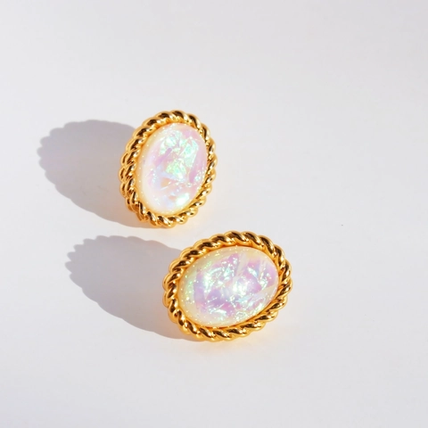 Retro Oval Stud Earrings Brass Gold Plated Twisted Border Iridescent Resin With 925 Sterling Silver Earring Post
