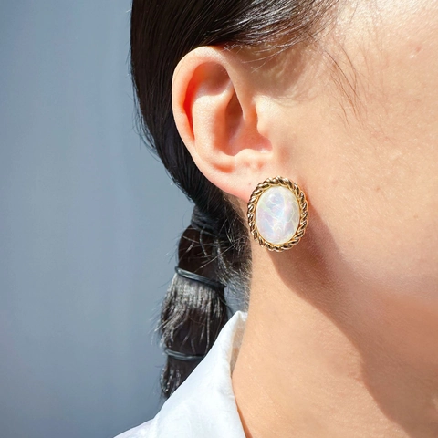 Retro Oval Stud Earrings Brass Gold Plated Twisted Border Iridescent Resin With 925 Sterling Silver Earring Post