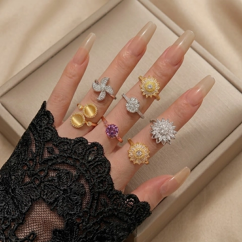 Anello Rotante Fiore Cuore Per Donna Zircone Micro Pavé Regolabile Aperto Fidget Spinning Gioielli Lusso Regalo