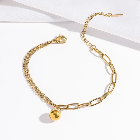 Minimalist Stainless Steel Bracelet Gold Plated Curb And Paperclip Chain With Solid Ball Pendant Adjustable For Women