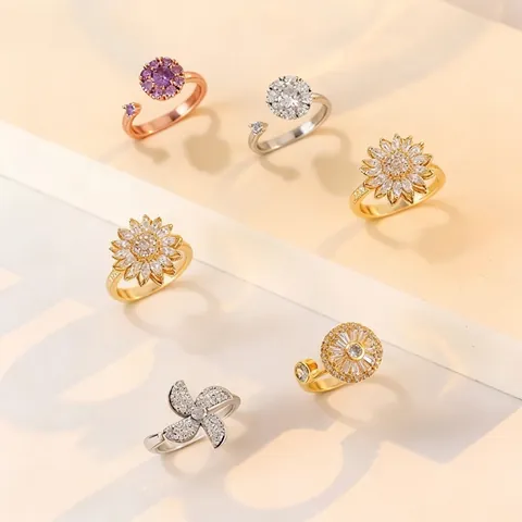 Rotating Flower Four Leaf Clover Open Ring For Women Alloy Zirconia Inlaid Adjustable Stress Relief Spinner Finger Ring Jewelry