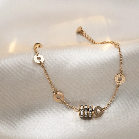 Pulsera Colgante Cilindro Acero Inoxidable Con Circonita Números Romanos Joyería De Moda Cadena Ajustable Para Mujeres