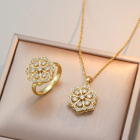 Sneeuwvlok Bloem Spinner Ketting En Ring Roestvrij Staal Zirkoon Ingelegd Roterende Sieraden Voor Vrouwen Elegant