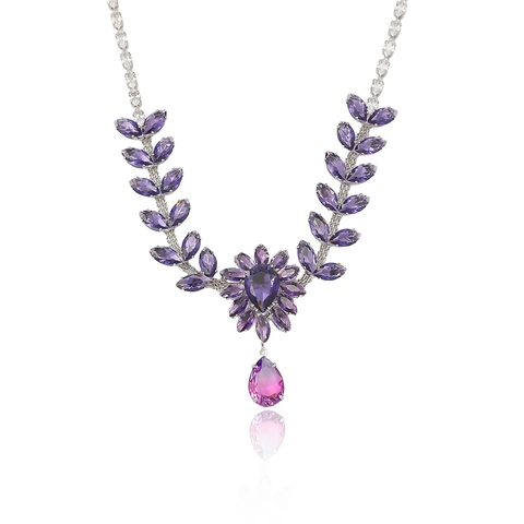 Luxury Alloy Zirconia Purple Camellia Floral Jewelry Set Teardrop Pendant Necklace And Earrings For Women Banquet Wedding