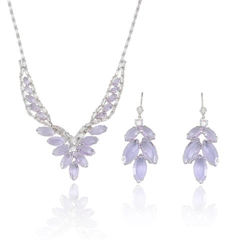 Marquise Purple Zircon Flower Necklace And Earrings Copper Wheat Ear Leaf Clavicle Chain Jewelry Elegant Fashion Women