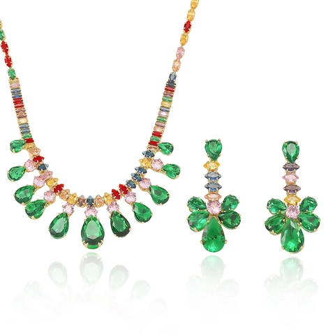 Elegantes Zirkonia Smaragdgrünes Schmuckset Edelstahl Kupfer Halskette Und Ohrringe Für Damen Hochzeit Bankett Schmuck