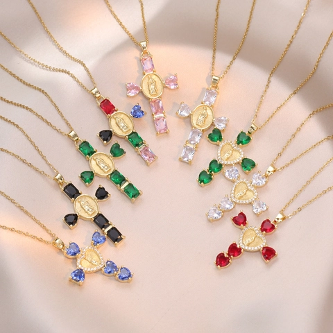 Kruis Hanger Ketting Met Maagd Maria Reliëf En Kleurrijke Zirkonia Titanium Staal Sleutelbeen Ketting Voor Dames