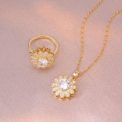 Sonnenblume Rotierende Anhänger Halskette Und Ring Edelstahl Zirkonia Floral Zubehör Geschenk Für Frauen