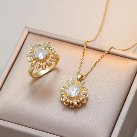 Rotating Sunflower Zirconia Jewelry Set Stainless Steel Gold Necklace Ring Set Floral Commuter Jewelry For Women