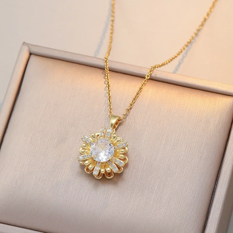 Rotating Sunflower Zirconia Jewelry Set Stainless Steel Gold Necklace Ring Set Floral Commuter Jewelry For Women