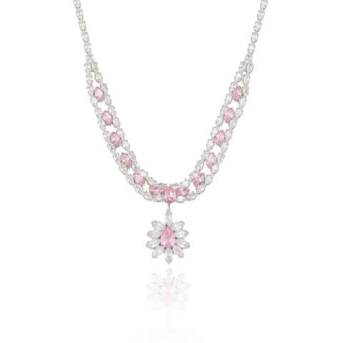 Elegante Collana E Orecchini A Fiore Zirconia Cubica Rosa Lega Placcata Argento Accessori Sposa Festa Per Donne