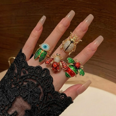 Vintage Insect Enamel Copper Rings For Women Gold Plated Cubic Zirconia Adjustable Opening Beetle Bee Cicada Evil Eye Fashion Jewelry