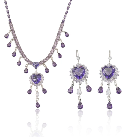 Hart Paars Zirkoon Ketting Oorbellen Sieraden Koper Elegant Luxe Waterdruppel Hanger Vrouwen
