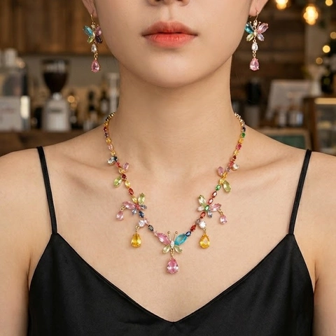 Parure De Bijoux Papillon Coloré Collier Et Boucles D'Oreilles Cuivre Plaqué Or Zircon Strass Style Bohème Pour Femme