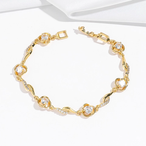 Elegant Zircon Flower Heart Bracelet For Women Gold Plated Metal Wave Link Jewelry Korean Style Dating Party Gift