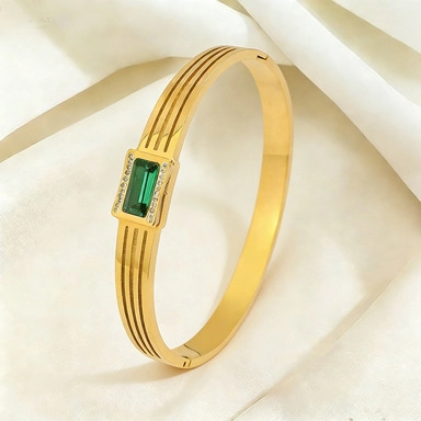 Edelstahl Armband Für Damen 18K Vergoldet Rechteck Grüner Zirkon Elegant Armreif Manschette Schmuck Accessoire