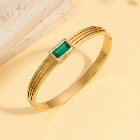 Edelstahl Armband Für Damen 18K Vergoldet Rechteck Grüner Zirkon Elegant Armreif Manschette Schmuck Accessoire