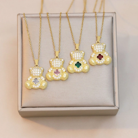 Collana Con Ciondolo A Orso Acciaio Al Titanio Zircone Design Quadrifoglio Gioielli Scintillanti Accessorio Moda Donna