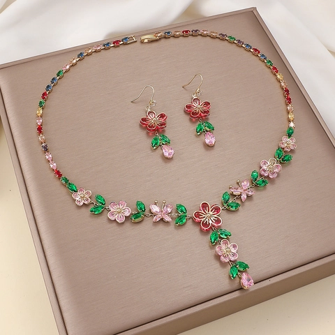 Bloem Vlinder Ketting Oorbellen Titanium Roestvrij Staal Zirkoon Verguld Elegant Mode Dames Sieraden Accessoire