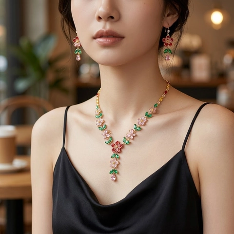 Bloem Vlinder Ketting Oorbellen Titanium Roestvrij Staal Zirkoon Verguld Elegant Mode Dames Sieraden Accessoire