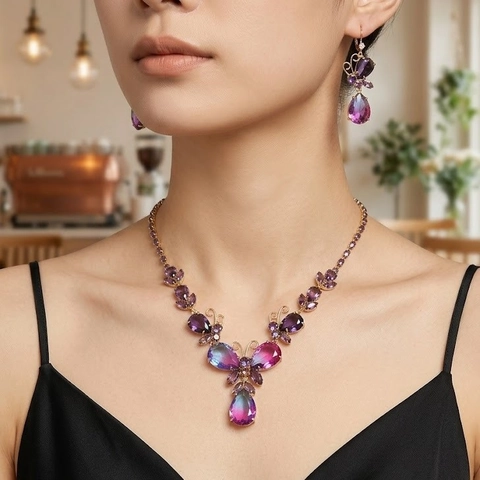 Butterfly Necklace And Earrings Jewelry Purple Gradient Zircon Titanium Steel Elegant Fashion Gift For Women