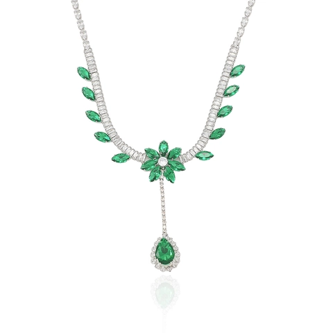 Elegante Set Di Gioielli Collana E Orecchini Fiore In Zircone Verde Smeraldo Per Donna Matrimonio Festa Accessori Floreali