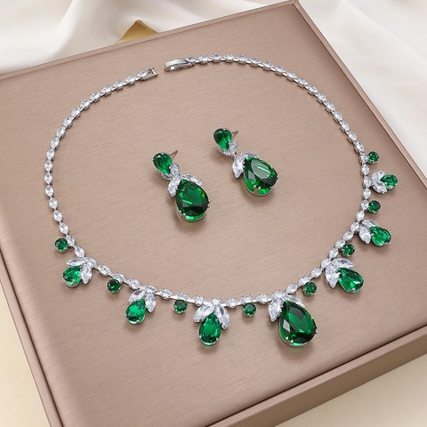 Luxury Emerald Green Zirconia Necklace And Earrings Jewelry For Women Stainless Steel Chain Copper Pendant Pear Shaped Rhinestone Jewelry