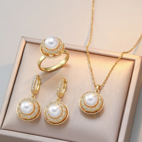 Collana Con Pendente A Fiore Rotante Orecchini Anello Acciaio Inossidabile Perla Artificial Zircone Accessorio Elegante Di Lusso Per Donna