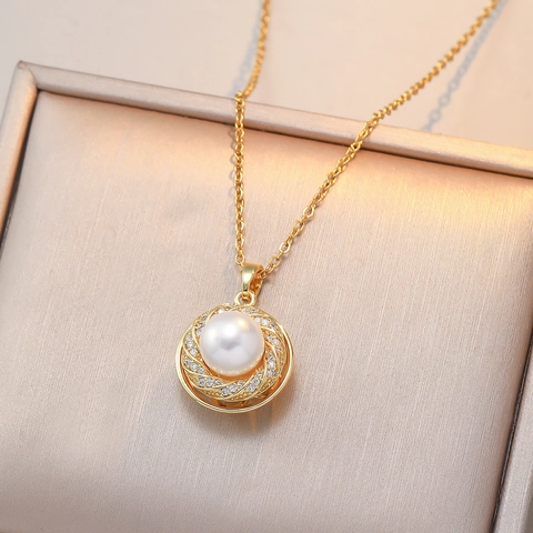 Collana Con Pendente A Fiore Rotante Orecchini Anello Acciaio Inossidabile Perla Artificial Zircone Accessorio Elegante Di Lusso Per Donna