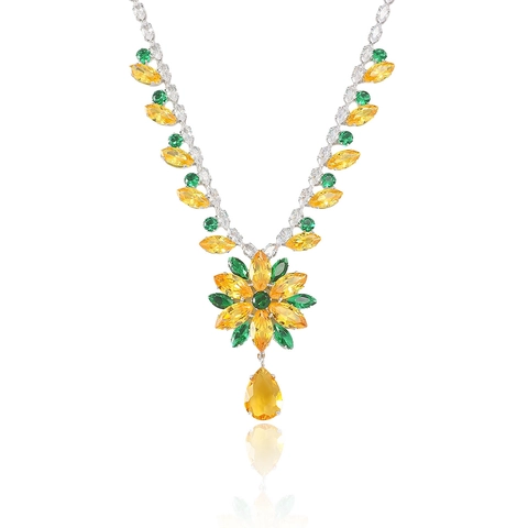 Luxurious Titanium Steel Colorful Flower Zirconia Jewelry Set For Women Flower Pendant Necklace With Matching Drop Earrings Party Accessories