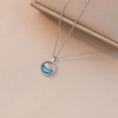 Whale Pendant Necklace Titanium Steel Blue Wave Round Crystal Minimalist Jewelry Accessory For Women Elegant Gift