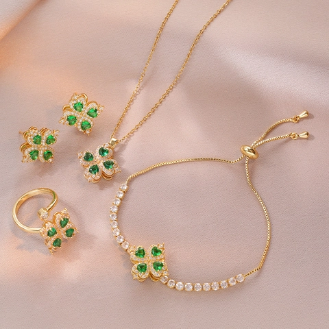 Emerald Green Heart Clover Titanium Steel Necklace Bracelet Open Ring Stud Earrings Women Luxury Elegant