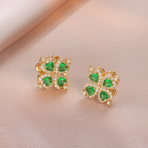 Emerald Green Heart Clover Titanium Steel Necklace Bracelet Open Ring Stud Earrings Women Luxury Elegant