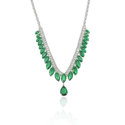 Luxury Emerald Green Zirconia Necklace Earring Set Stainless Steel Wheat Ear Design Elegant Jewelry For Women Party Banquet
