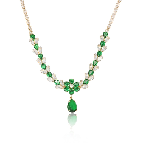 Smaragdgroene Zirkoon Bloem Halsketting En Oorbellen Verguld Titanium Staal Luxe Bruiloft Sieraden Voor Vrouwen