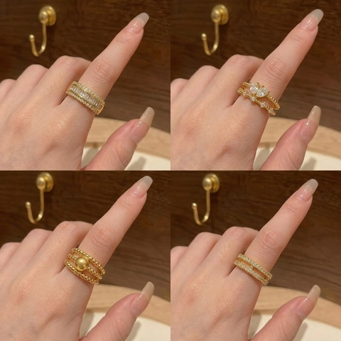 Anelli Aperti Regolabili Da Donna Placcati Oro Lega Zircone Fiore Corona Geometrico Multistrato Gioielli Eleganti