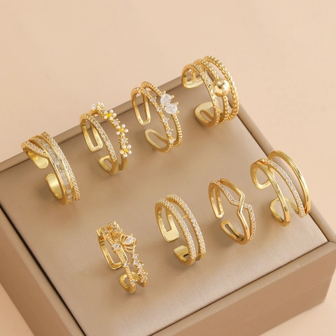 Anelli Aperti Regolabili Da Donna Placcati Oro Lega Zircone Fiore Corona Geometrico Multistrato Gioielli Eleganti