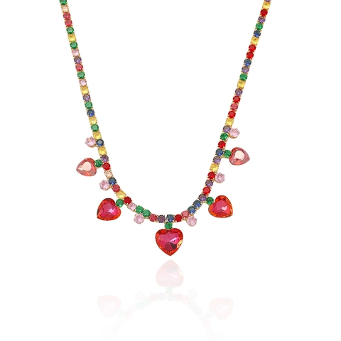 Collana E Orecchini Con Pendente A Cuore In Zircone Multicolore Cristallo Colorato Ottone Placcato Oro Gioielli Da Donna