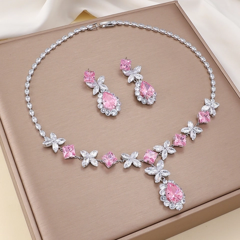 Parure Bijoux Papillon Rose Collier En Cuivre Et Boucles D oreilles Zircon Zircone Taille Poire Accessoire Mode Pour Femmes