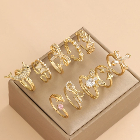 Adjustable Open Rings Alloy Gold Plated Cubic Zirconia Butterfly Heart Star Dolphin Sweet Korean Style Jewelry For Women